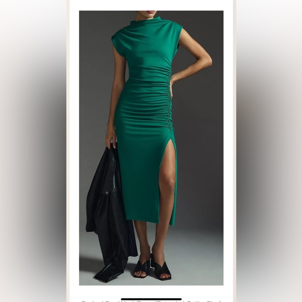 EUC Anthropologie Maya Ruched Cowl Neck Vibrant Green Stretch-Fitting Midi Sz Sm